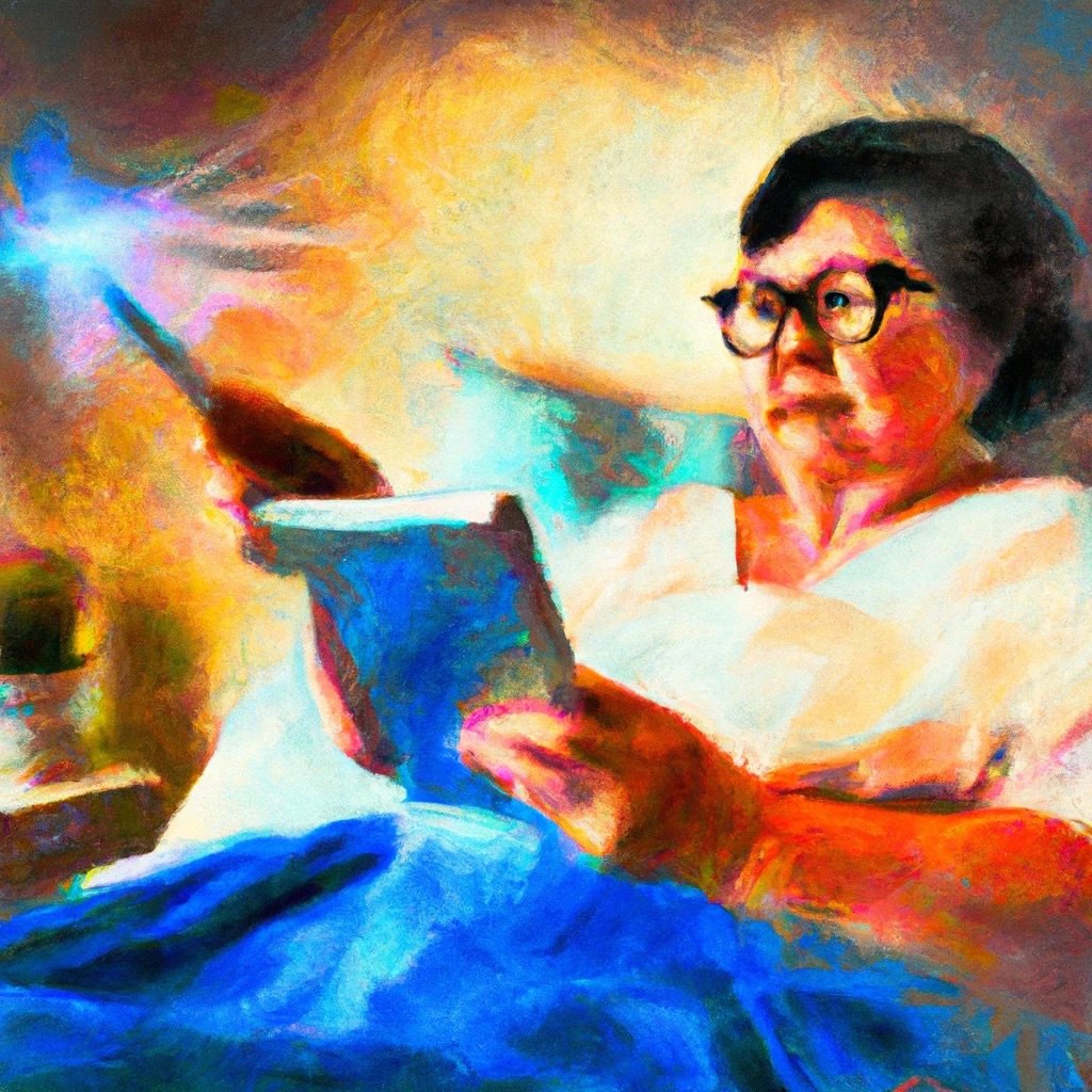 In a futuristic painting style visually represent the concept of using AI with chronic illnesses through an image of a sick middle aged woman who wears cateye glasses successfully working on an iPad in bed using a virtual assistant and magic wand